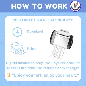 May include: A blue and white illustration showing the steps to download and print a printable. The text reads "HOW TO WORK", "PRINTABLE DOWNLOAD PROCESS", "Download", "Print", "Digital download only: No Physical product all Sales are final: No refunds or exchanges", and "Enjoy your art, enjoy your heart."