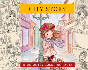 City Stories Coloring, Girls Life style, Relaxing Stress Relief Coloring Pages for Adults, Printable PDF