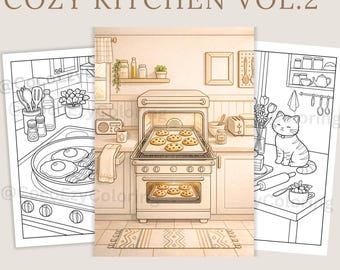Libro para colorear "Cocina acogedora" Vol. 2, Escenas de repostería, Alivio del estrés (Descarga digital)