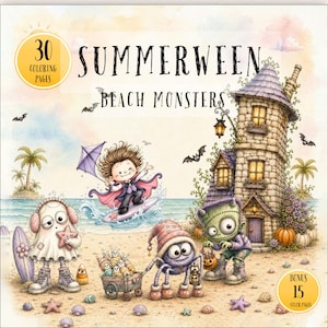 Summerween Coloring Book, Cute Beach Monsters, Tropical Halloween, Summer Printable PDF Download