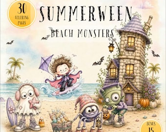 Summerween Coloring Book, Cute Beach Monsters, Tropical Halloween, Summer Printable PDF Download