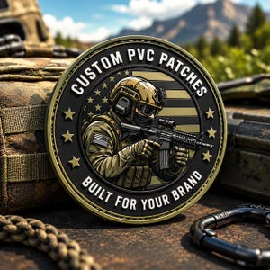 May include: A circular PVC patch featuring a soldier in tactical gear holding a rifle against a stylized American flag background. The black border contains the white text CUSTOM PVC PATCHES and BUILT FOR YOUR BRAND with gold stars.