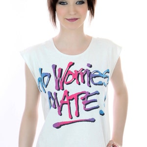 80s vintage T-Shirt 90s Neon Graffiti Paint Australian No Worries Mate 80s Surf Surfer Beach Small S Medium image 2