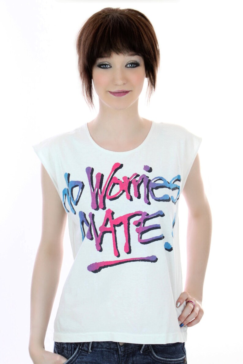 80s vintage T-Shirt 90s Neon Graffiti Paint Australian No Worries Mate 80s Surf Surfer Beach Small S Medium image 2