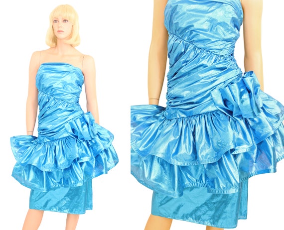 Vintage 80s Blue Lame Evening Prom Party Dress Met