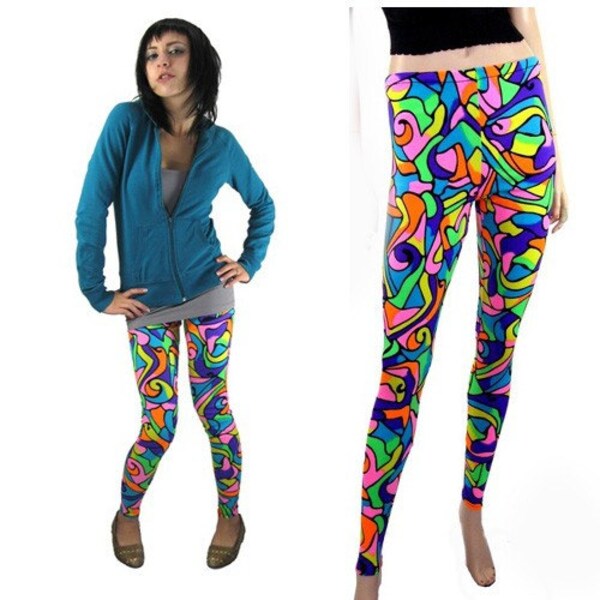 NEON 90s MULTI COLORED SWIRL SPANDEX LEGGINGS PANTS S/M