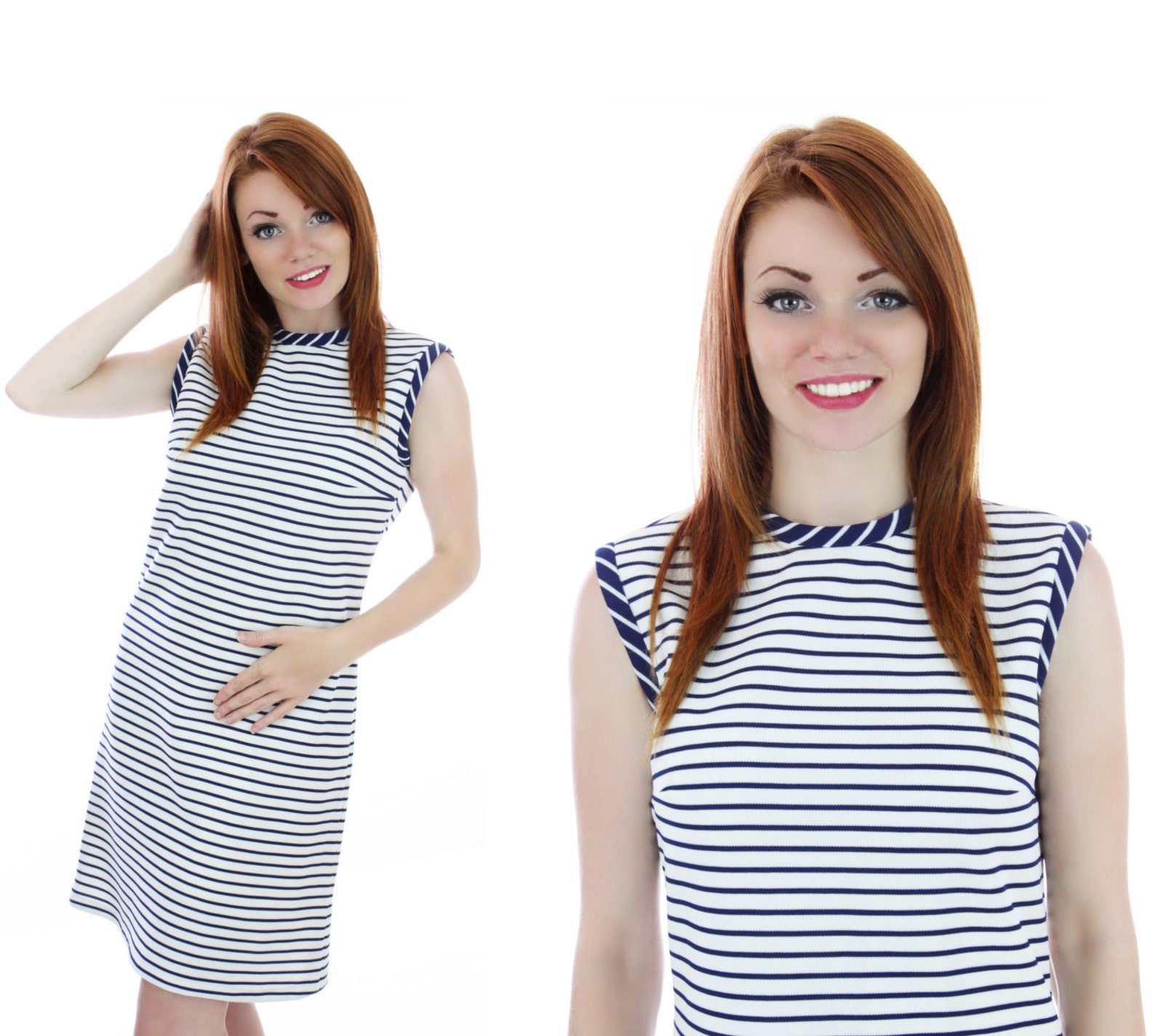 VTG 60s 70s NAVY BLUE WHITE STRIPED WING COLLAR MOD NAUTICAL SHIFT DRESS 14 16