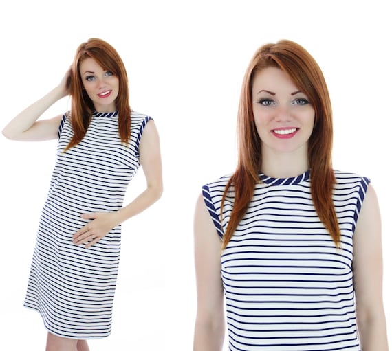 Vintage Mod Sailor Dress Mod Nautical Navy Blue W… - image 1