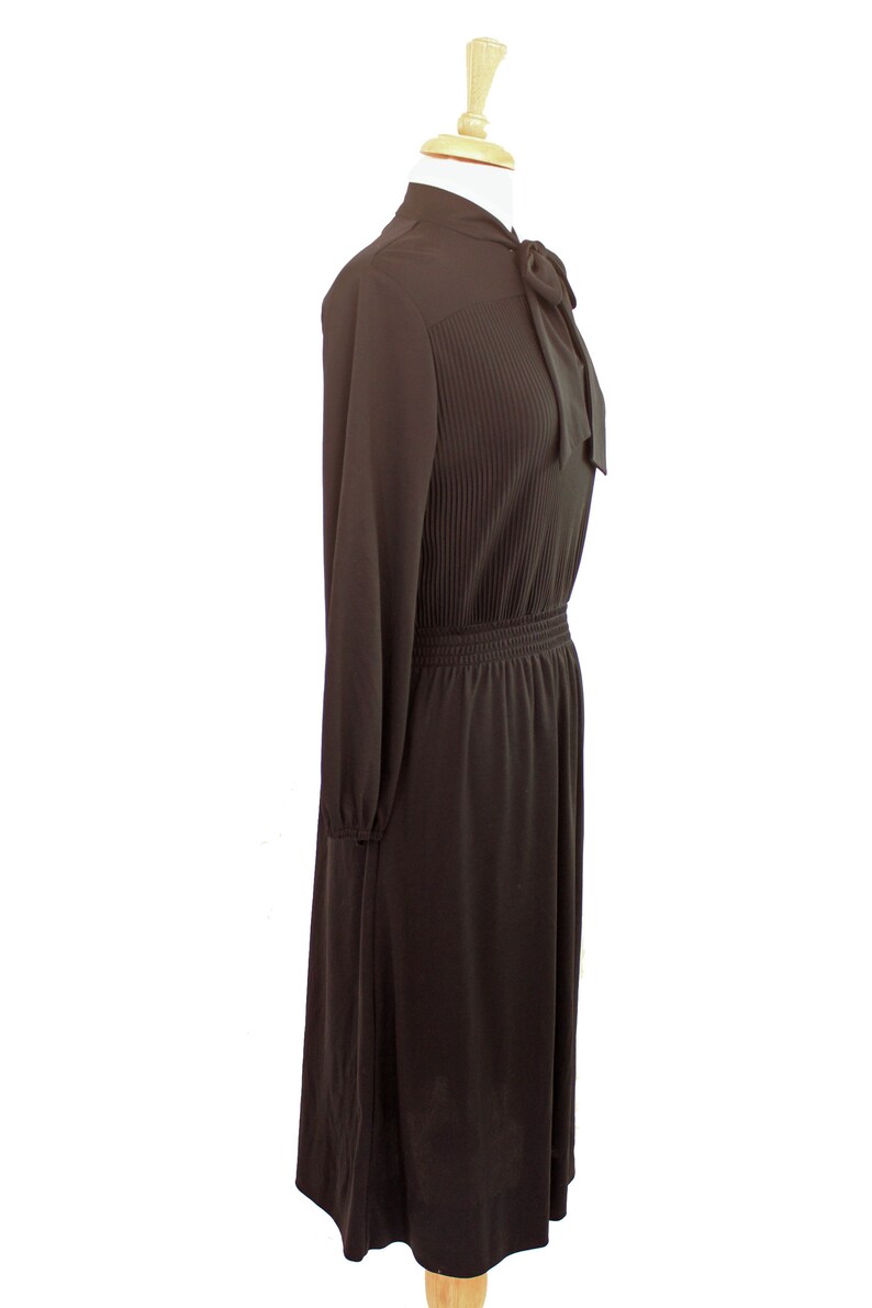 Black Secretary Dress Vintage 70s Tie Neck Keyhole Neckline Long Sleeve Size M