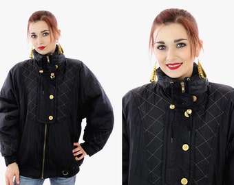 Hip Hop Ski Jacket vintage 90s Black Gold Puffy Quilted Coat 80s Winter Snowboard 1990s Revival Deadstock New w / Tags S M