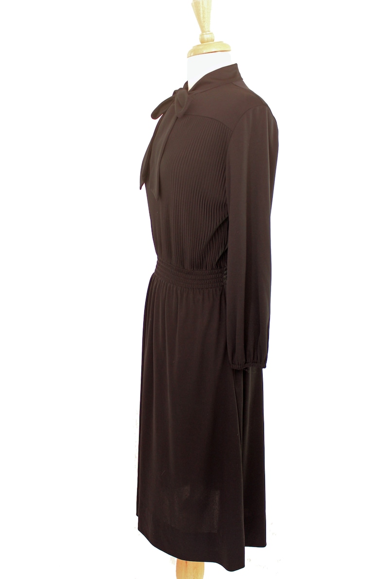 Black Secretary Dress Vintage 70s Tie Neck Keyhole Neckline Long Sleeve Size M