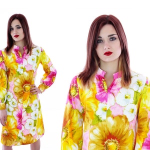 70s Hawaiian Dress 60s Mod A-line Psychedelic Shift Abstract Mini Bright Floral Flowers 1960s 1970s Sixties Metal Zipper Small S image 1