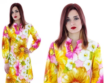 70s Hawaiian Dress 60s Mod A-line Psychedelic Shift Abstract Mini Bright Floral Flowers 1960s 1970s Sixties Metal Zipper Small S