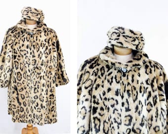 Giacca di pelliccia vintage e cappello pillbox Cappotto di pelliccia sintetica sfocata anni '80 Swing 3/4 maniche 50s stile grande