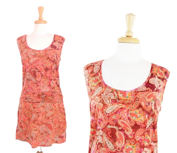 Vintage Paisley Print Orange Dress Mod Psychedelic