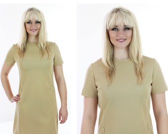 70s A-line Dress Mad Men Mod 60s Tan Shift Sixties Mock Pockets 1960s Indie Retro 1970s Medium M Large