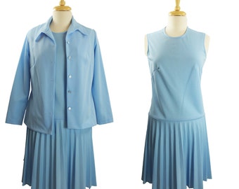 Vintage 70s Mod Dress With Blouse 2 Piece Set Jacket Pleated Skirt