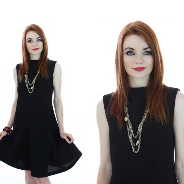 60s Black Dress Vintage Mod Sixties Drop Waist Scooter 1960s Mad Men 70s 1970s Medium M Small S