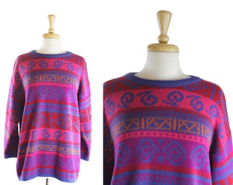 Vintage 90s Spiral Circle Funky Print Sweater Multi Color Hip Hop Art Oversized M