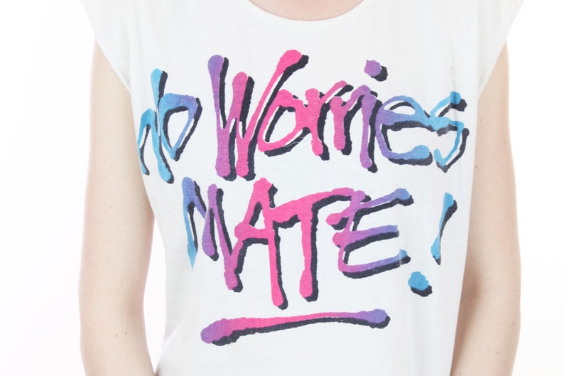 80s vintage T-Shirt 90s Neon Graffiti Paint Australian No Worries Mate 80s Surf Surfer Beach Small S Medium image 4