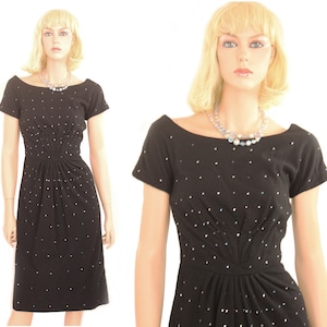 50s 60s Wiggle Dress Black Wool Rhinestones Small