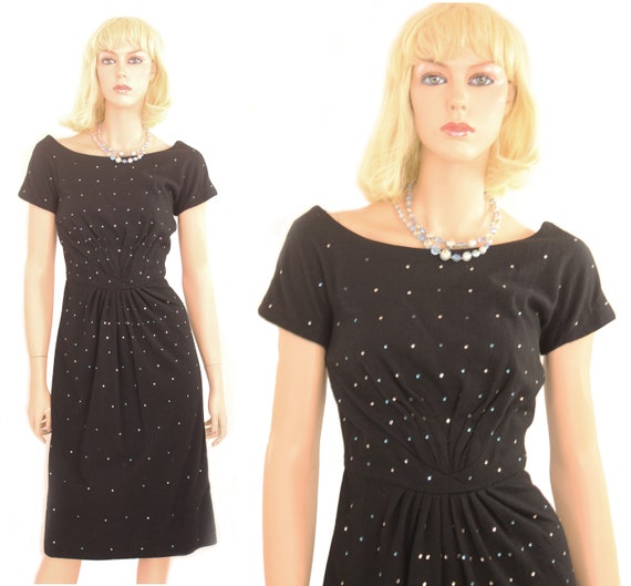 50s 60s Wiggle Dress Black Wool Rhinestones Small