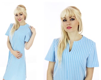 60s mignon A-line robe mod bleu blanc rayé sixties vintage années 1960 années 70 années 1970 petit s moyen m