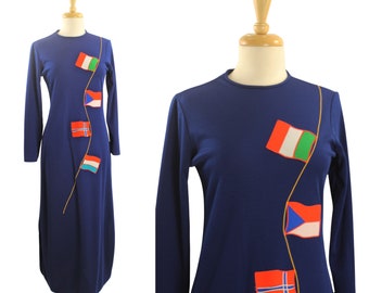 Vintage Flag Dress 1970s Navy Blue Maxi