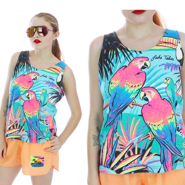 90s Vintage Tank Top 80s Neon Tropical Parrots Surf Surfer Beach Bright Colorful 1990s Medium M Large L