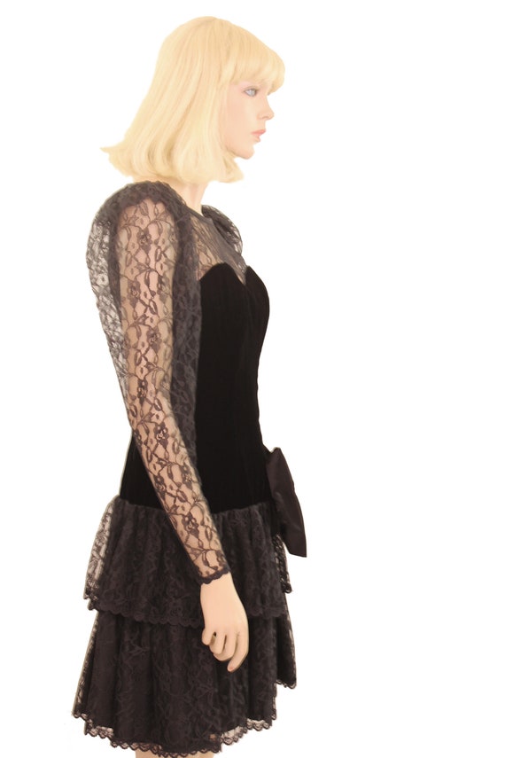 Vintage Black Formal Dress Lace Ruffle Tiered Ski… - image 2