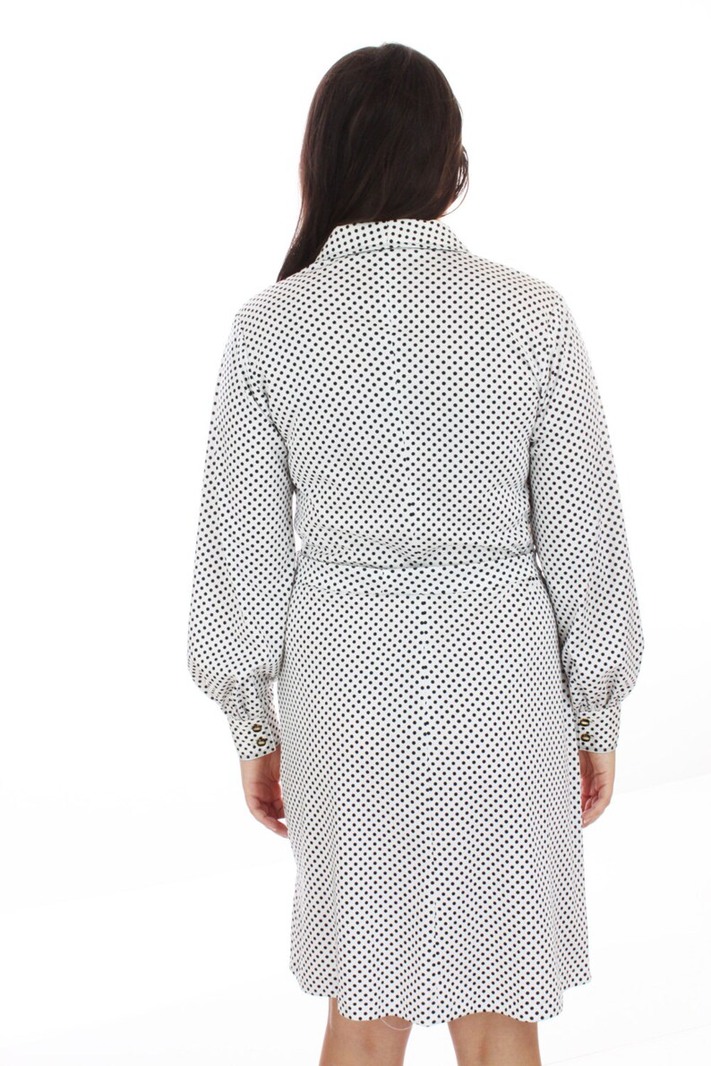 70s Mod Dress Secretary A-line White Black Polka Dots Vintage Enamel Buttons 1970s 60s Mad Men Large XL Plus Size 1X image 5