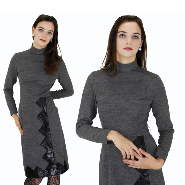 60s Twiggy Dress Vintage Mod 1960s 70s Gray With Black Vinyl Trim Party Go Go Colorblock S Small