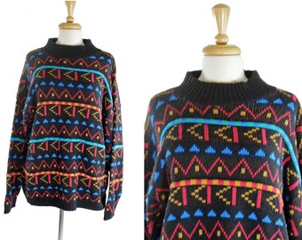 Black Multicolor Sweater Vintage 80s Oversized Large L