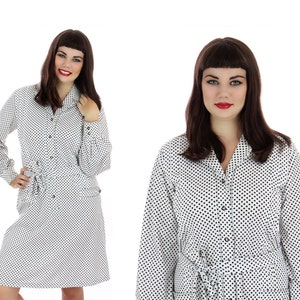 70s Mod Dress Secretary A-line White Black Polka Dots Vintage Enamel Buttons 1970s 60s Mad Men Large XL Plus Size 1X image 1