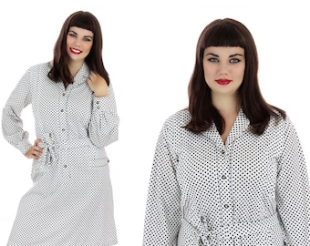 70s Mod Dress Secretary A-line White Black Polka Dots Vintage  Enamel Buttons 1970s 60s Mad Men Large XL Plus Size 1X