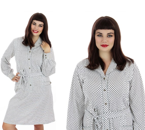 70s Mod Dress Secretary A-line White Black Polka … - image 1