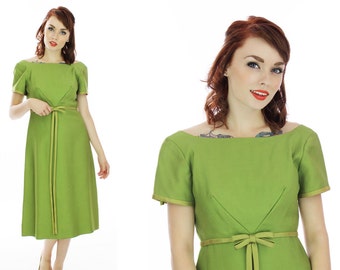 Vintage Pin-up Dress Green Formal Party Cocktail Retro 60s 1950s Circle Skirt Mad Men 1960s Small S Medium M