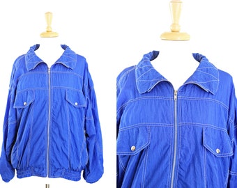 Vintage 90s Windbreaker Jacket Blue with White Stitching 1990s 80s Retro Large L