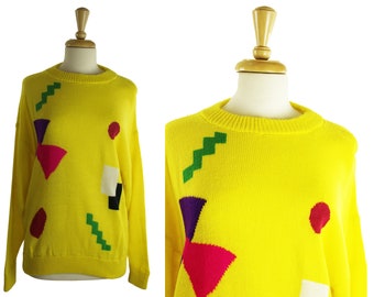 Bright Yellow Geometric Shapes 80s Sweater