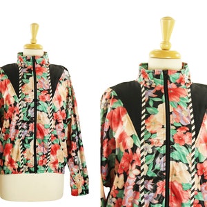 90s Floral Jacket Black White Striped Accents Pink Flowers M image 1