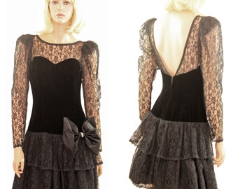 Vintage Black Formal Dress Lace Ruffle Tiered Skirt