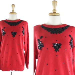 Red 80s Sweater With Black Beaded Sequin Flowers M