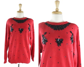 Red 80s Sweater With Black Beaded Sequin Flowers M