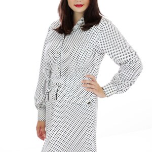 70s Mod Dress Secretary A-line White Black Polka Dots Vintage Enamel Buttons 1970s 60s Mad Men Large XL Plus Size 1X image 3