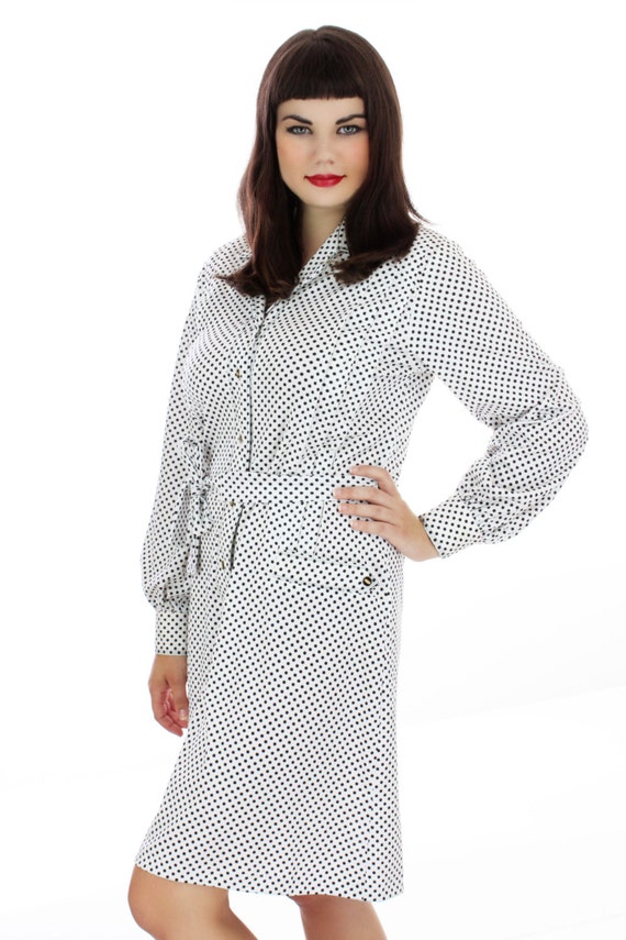 70s Mod Dress Secretary A-line White Black Polka … - image 3