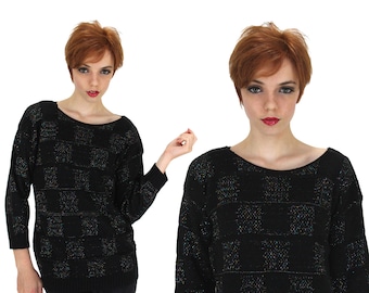 Vintage 80s Metallic Sweater 90s Black Checkered Squares Cosby Scoop Neck Small S Medium M