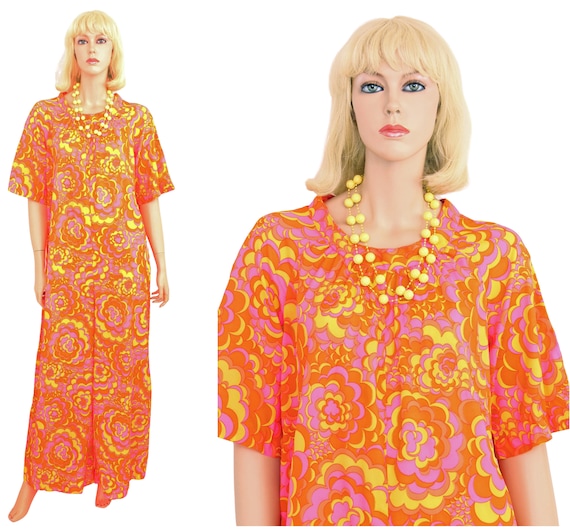 Vintage Psychedelic Jumpsuit Orange Yellow Pink L