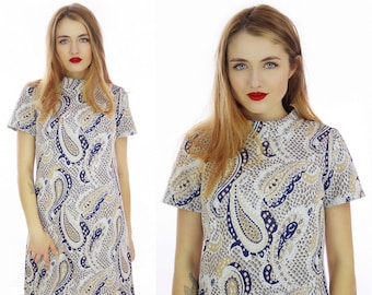 60s Paisley Dress Mod Mini A-Line Shift Textured Navy Blue Tan 70s 1960s Psychedelic Abstract  Retro Indie Day Dress Medium M