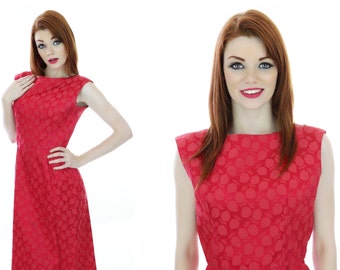 Vintage Cocktail Dress Formal 60s Wiggle Pin-up Party 50s Mad Men 1960s Red Satin Pineapple Print Sexy Tight Fit Mod Retro Mad Men Small S