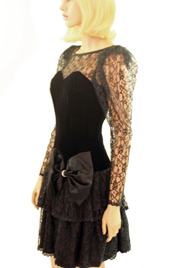 Vintage Black Formal Dress Lace Ruffle Tiered Ski… - image 3